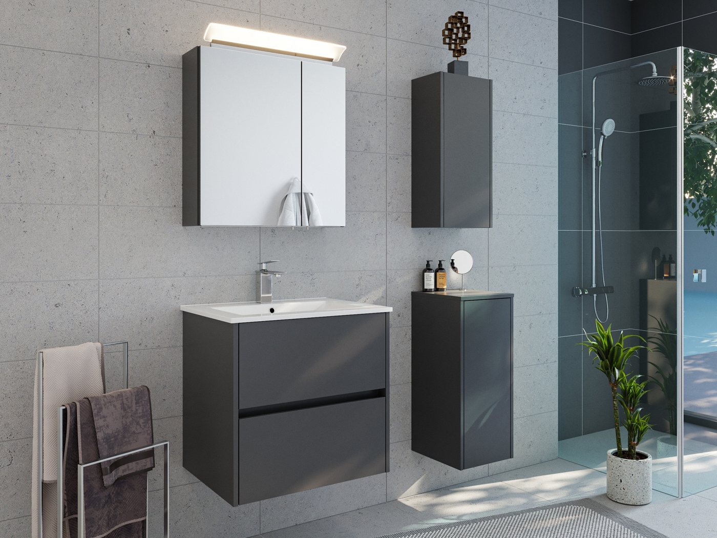 Magnolia Home Badmöbel-Set Badmöbelset Taifun 60cm 4tlg mit Spiegelschrank & 2x Badschrank grafit von Magnolia Home