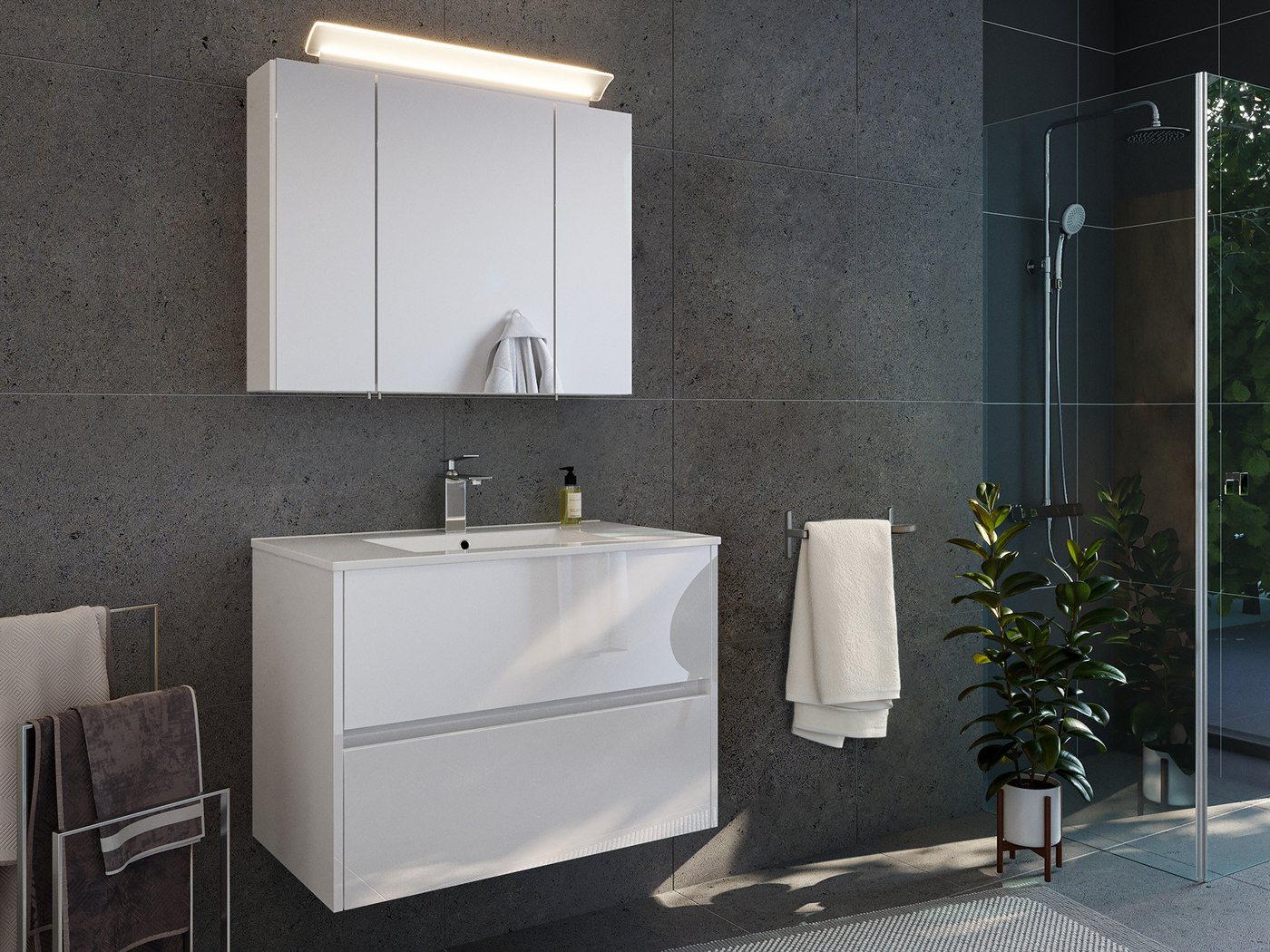 Magnolia Home Badmöbel-Set Badmöbelset Taifun 80cm 2tlg mit Spiegelschrank weiß Hgl von Magnolia Home