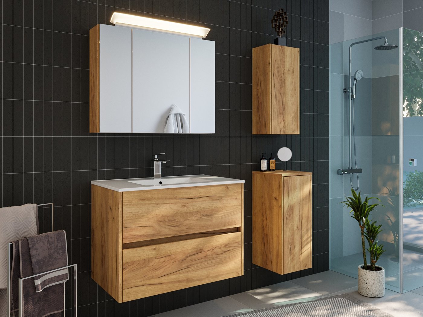 Magnolia Home Badmöbel-Set Badmöbelset Taifun 80cm 4tlg mit Spiegelschrank &2x Badschrank eiche g von Magnolia Home