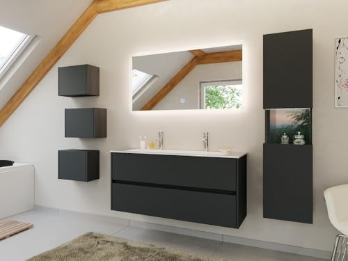 Magnolia Home Doppel-Badmöbel Set Taifun 4tlg. 120 cm LED Spiegel 3er Boxen & Hochschrank Farbe Grafit von Magnolia Home