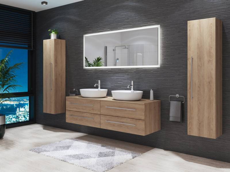 Magnolia Home Doppelwaschtisch Badmöbel-Set MORGAN A 160 Aufsatzbecken 2 Hochschränke & Spiegel eiche von Magnolia Home