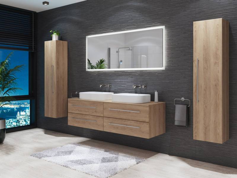 Magnolia Home Doppelwaschtisch Badmöbel-Set MORGAN B 160 Aufsatzbecken 2 Hochschränke & Spiegel eiche von Magnolia Home