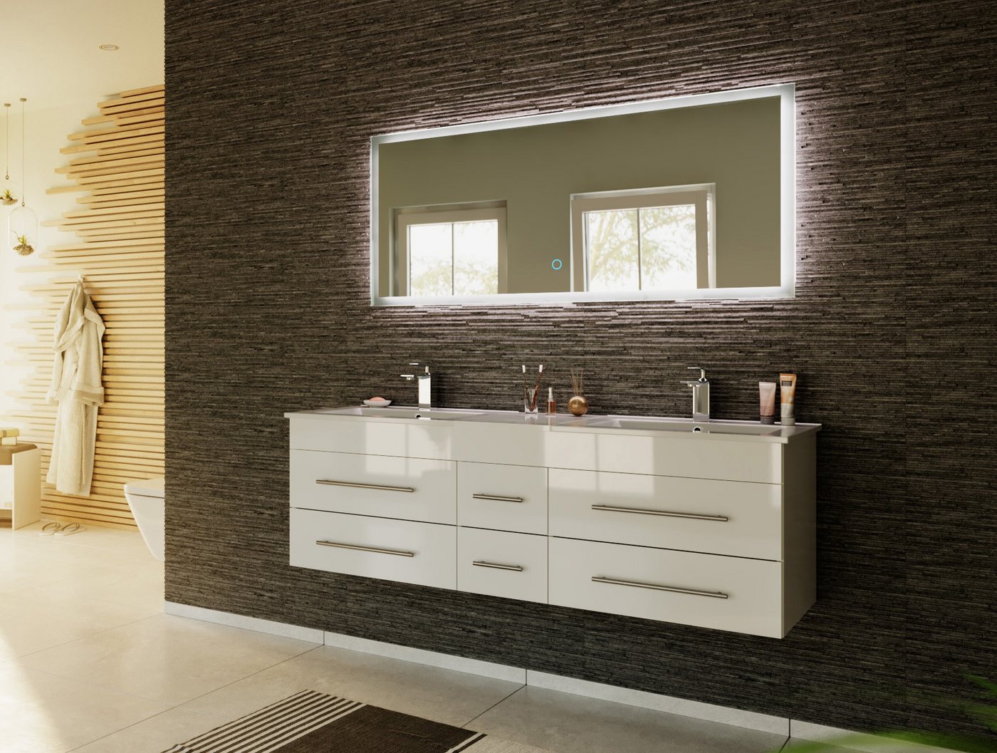 Magnolia Home Doppelwaschtisch Badmöbelset Roma XL 2-teilig mit LED Spiegel weiss hochglanz von Magnolia Home