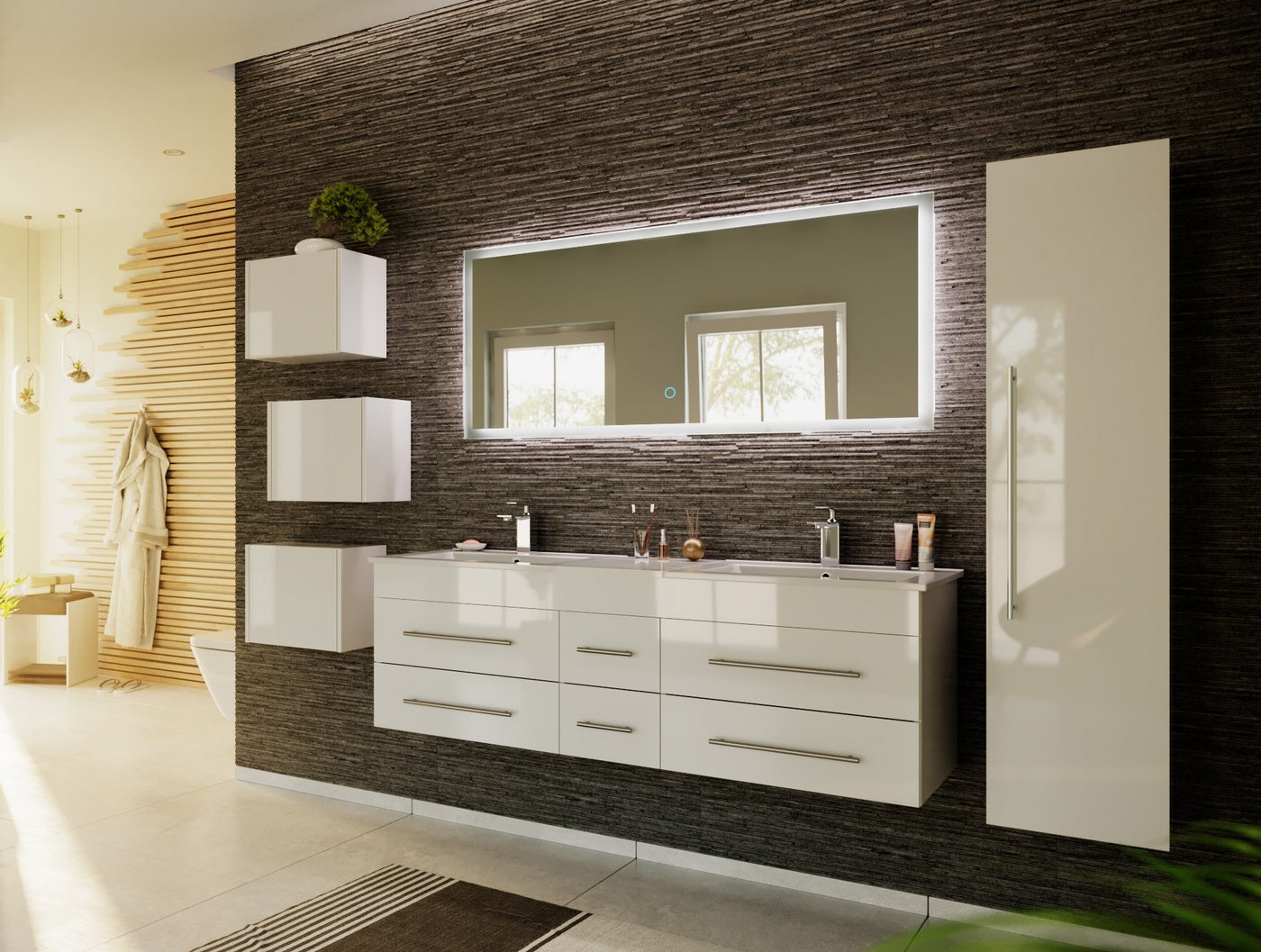 Magnolia Home Doppelwaschtisch Badmöbelset Roma XL 4-teilig LED-Spiegel Hochschrank 3er Boxen weiss h von Magnolia Home