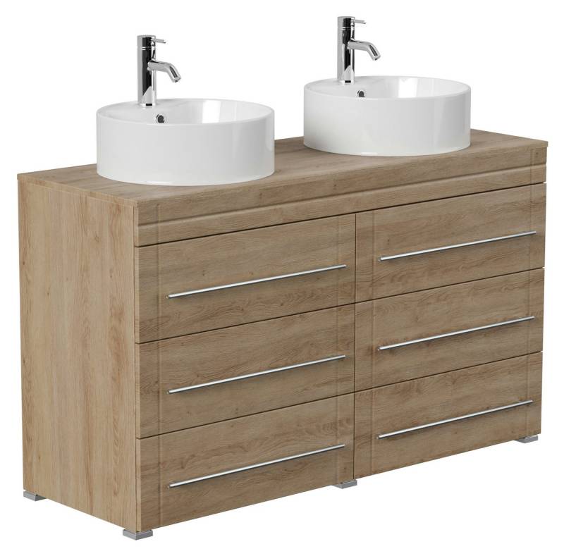 Magnolia Home Doppelwaschtisch Stand Badmöbel Memoria Modern eiche hell mit Aufsatzwaschbecken von Magnolia Home