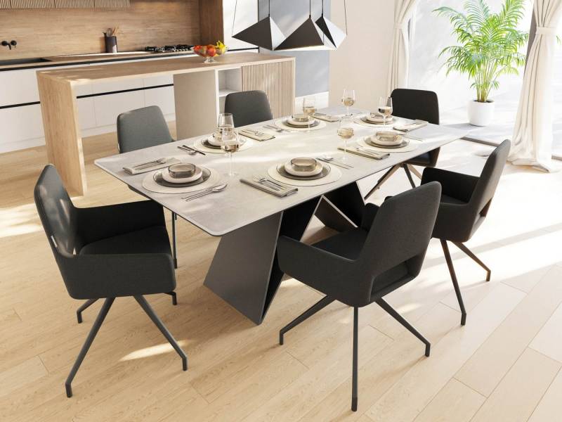 Magnolia Home Esszimmer-Set Esstisch Set COMODI 180 graue Keramikplatte mit 6 Stühlen Stoffbezug s von Magnolia Home