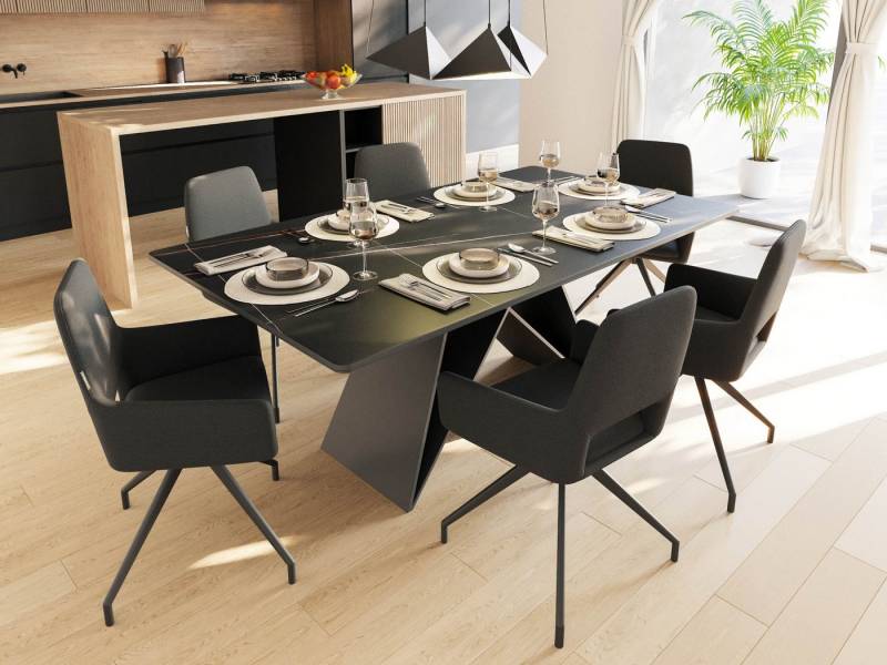 Magnolia Home Esszimmer-Set Esstisch Set COMODI 180 schwarze Keramikplatte mit 6 Stühlen Stoffbezu von Magnolia Home