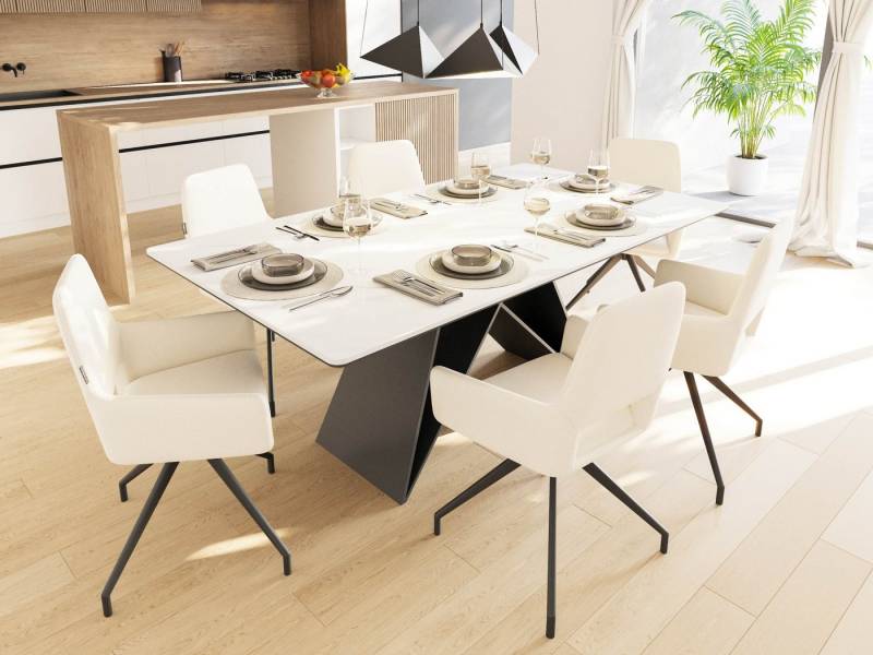Magnolia Home Esszimmer-Set Esstisch Set COMODI 180 weiße Keramikplatte mit 6 Stühlen Stoffbezug b von Magnolia Home