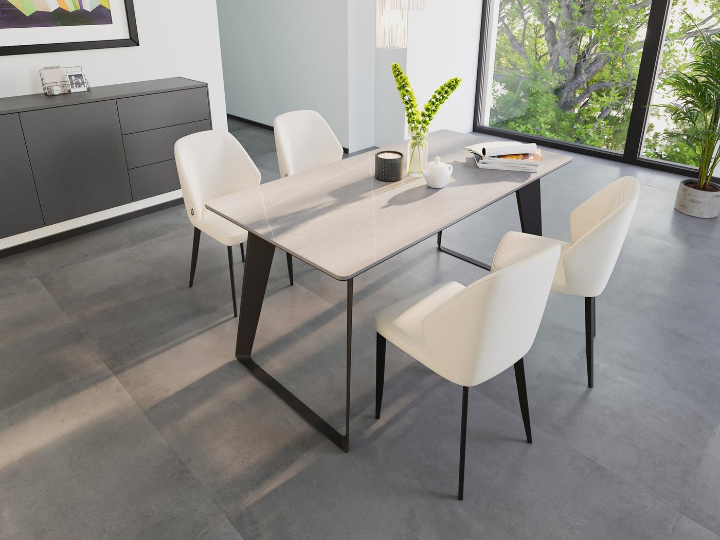 Magnolia Home Esszimmer-Set Esstisch Set FLORINT 160 graue Keramikplatte mit 4 Stühlen Kunstleder Magnolia Home Esszimmer-Set Esstisch Set FLORINT 160 graue Keramikplatte mit 4 Stühlen Kunstleder von Magnolia Home