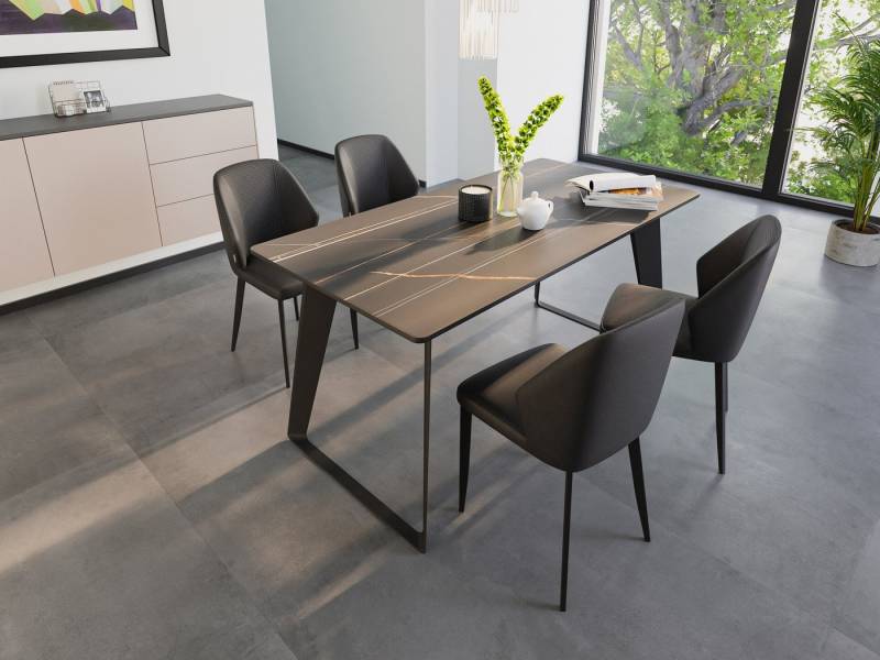 Magnolia Home Esszimmer-Set Esstisch Set FLORINT 160 schwarze Keramikplatte mit 4 Stühlen Kunstled von Magnolia Home