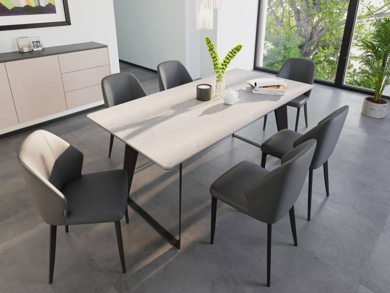 Magnolia Home Esszimmer-Set Esstisch Set FLORINT 180 graue Keramikplatte mit 6 Stühlen Kunstleder von Magnolia Home