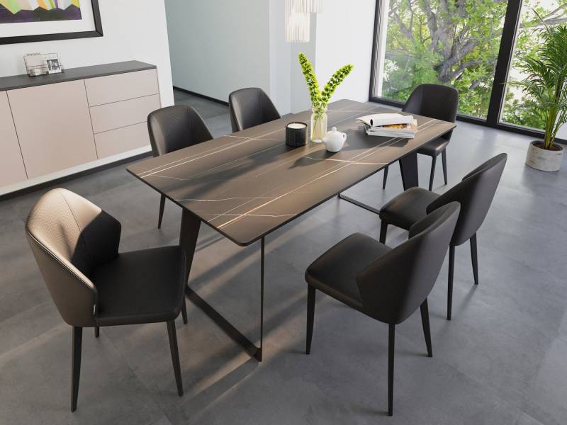 Magnolia Home Esszimmer-Set Esstisch Set FLORINT 180 schwarze Keramikplatte mit 6 Stühlen Kunstled von Magnolia Home