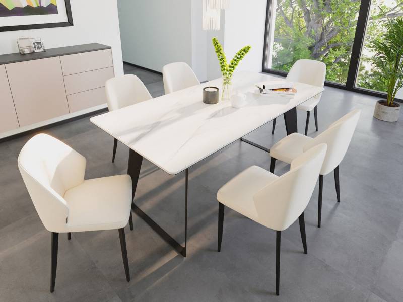 Magnolia Home Esszimmer-Set Esstisch Set FLORINT 180 weiße Keramikplatte mit 6 Stühlen Kunstleder von Magnolia Home