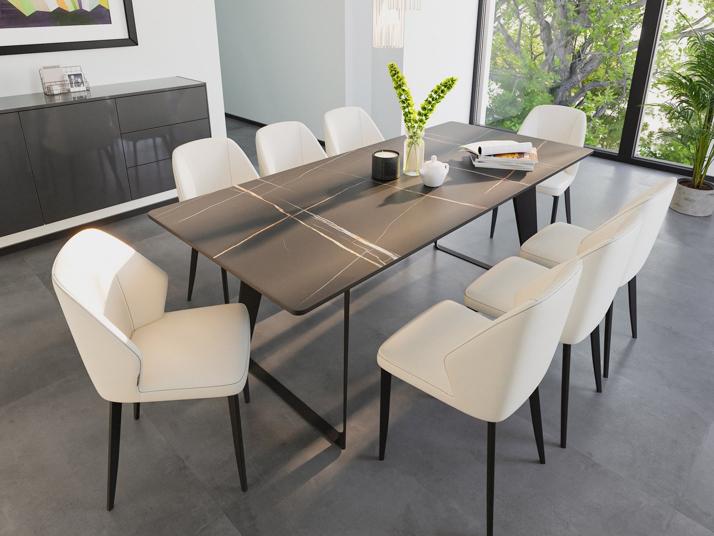 Magnolia Home Esszimmer-Set Esstisch Set FLORINT 200 schwarze Keramikplatte mit 8 Stühlen Kunstled Magnolia Home Esszimmer-Set Esstisch Set FLORINT 200 schwarze Keramikplatte mit 8 Stühlen Kunstled von Magnolia Home