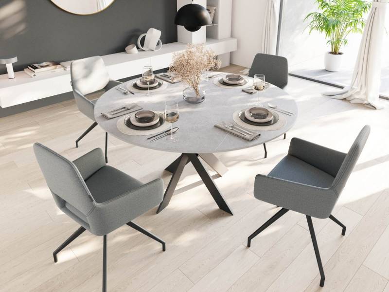 Magnolia Home Esszimmer-Set Esstisch Set LINUS 135 graue Keramikplatte mit 4 Stühlen Stoffbezug he von Magnolia Home