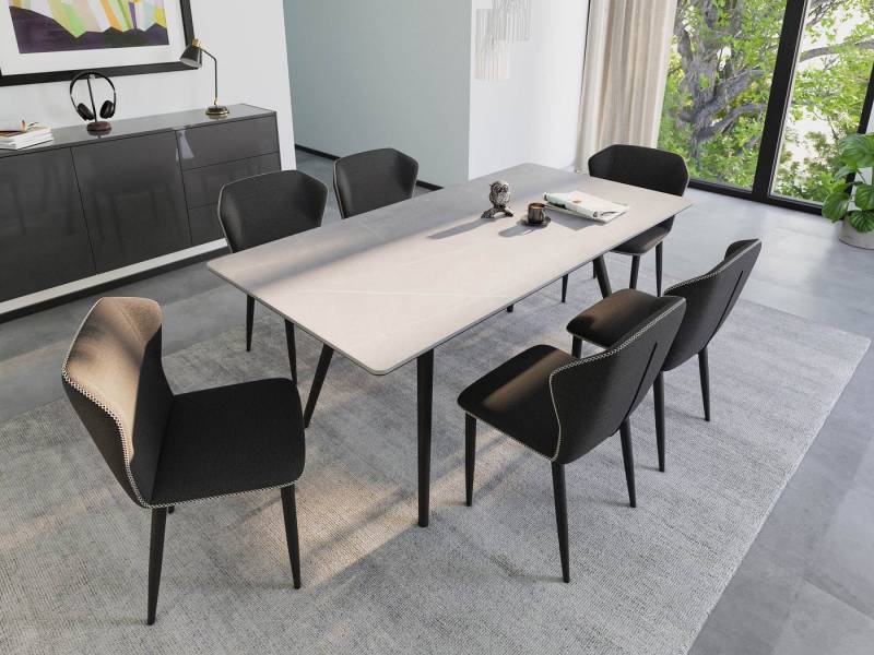 Magnolia Home Esszimmer-Set Esstisch Set RIGA 180 graue Keramikplatte mit 6 Stühlen Stoffbezug sch von Magnolia Home