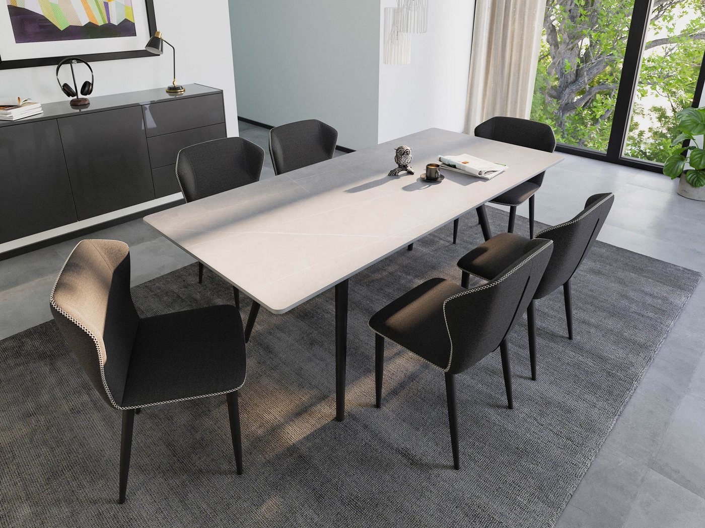 Magnolia Home Esszimmer-Set Esstisch Set RIGA 200 graue Keramikplatte mit 6 Stühlen Stoffbezug sch von Magnolia Home