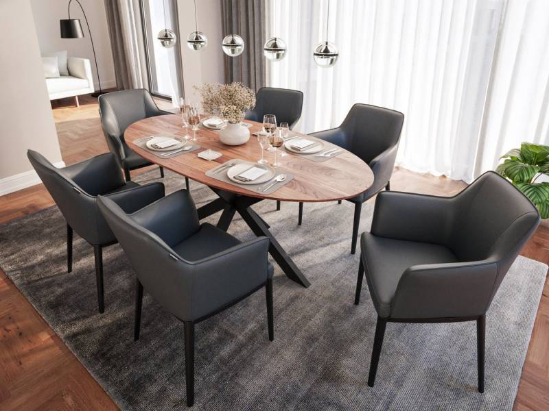 Magnolia Home Esszimmer-Set Esstisch mit 6 Stühlen Kunstleder DARON 180 Oval Walnuss Furnier lacki von Magnolia Home