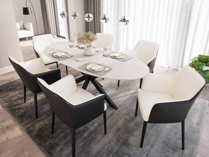 Magnolia Home Esszimmer-Set Esstisch mit 6 Stühlen Kunstleder DARON 200 Oval Eiche Furnier weiß la von Magnolia Home