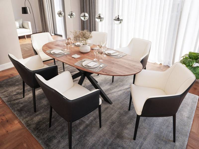 Magnolia Home Esszimmer-Set Esstisch mit 6 Stühlen Kunstleder beige DARON 200 Oval Walnuss Furnier von Magnolia Home