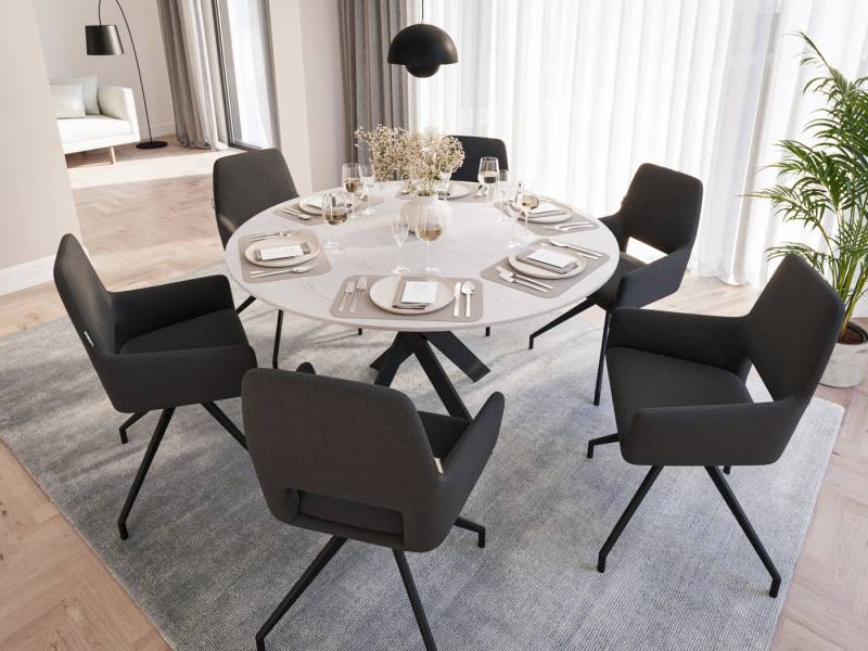 Magnolia Home Esszimmer-Set Esstisch mit 6 Stühlen Stoffbezug LINUS 135 Rund Eiche Furnier weiß la Magnolia Home Esszimmer-Set Esstisch mit 6 Stühlen Stoffbezug LINUS 135 Rund Eiche Furnier weiß la von Magnolia Home