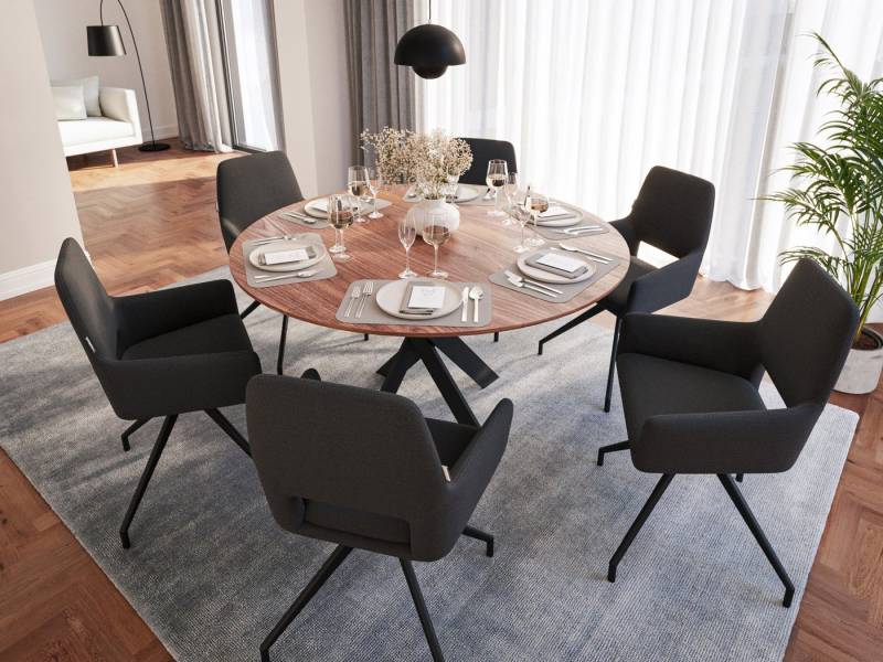 Magnolia Home Esszimmer-Set Esstisch mit 6 Stühlen Stoffbezug LINUS 135 Rund Walnuss Furnier lacki von Magnolia Home