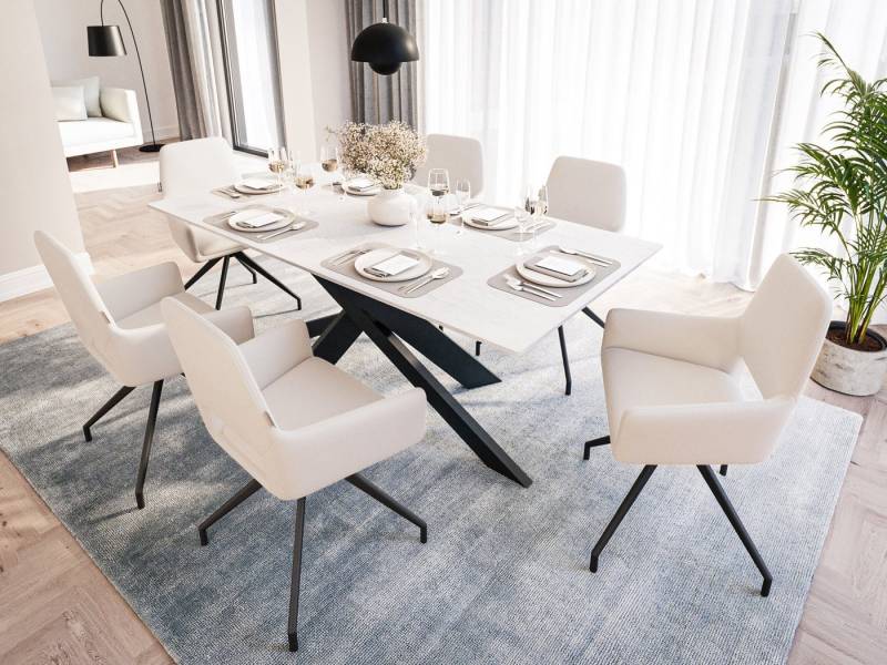 Magnolia Home Esszimmer-Set Esstisch mit 6 Stühlen Stoffbezug beige ELLEN 180 Eiche Furnier weiß l von Magnolia Home