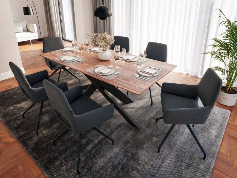 Magnolia Home Esszimmer-Set Esstisch mit 6 Stühlen Stoffbezug dunkelgrau ELLEN 180 Walnuss Furnier von Magnolia Home