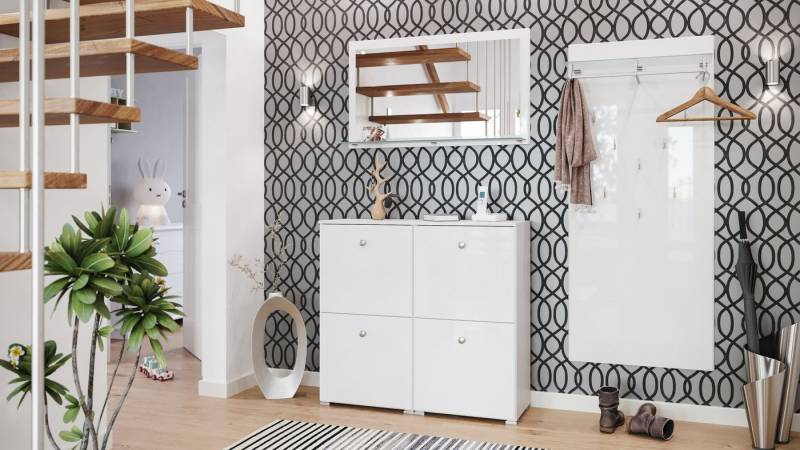 Magnolia Home Garderoben-Set Garderobe Set 005 Cleveland 4 tlg Schuhschrank 4 Klappen 16 Paar Weiss von Magnolia Home