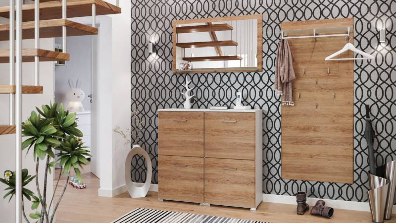 Magnolia Home Garderoben-Set Garderobe Set 005 Detroit 4 tlg Schuhschrank 4 Klappen 16 Paar Weiss-E von Magnolia Home