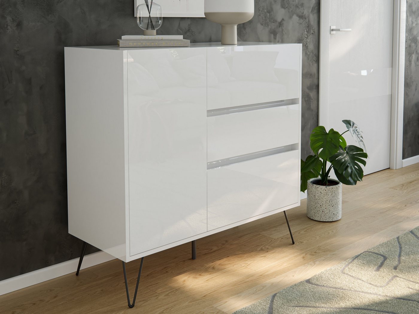 Magnolia Home Kommode Design Sideboard Kommode Altan 100cm Greifraum 3 SoftClose 1 Tür Weiß von Magnolia Home