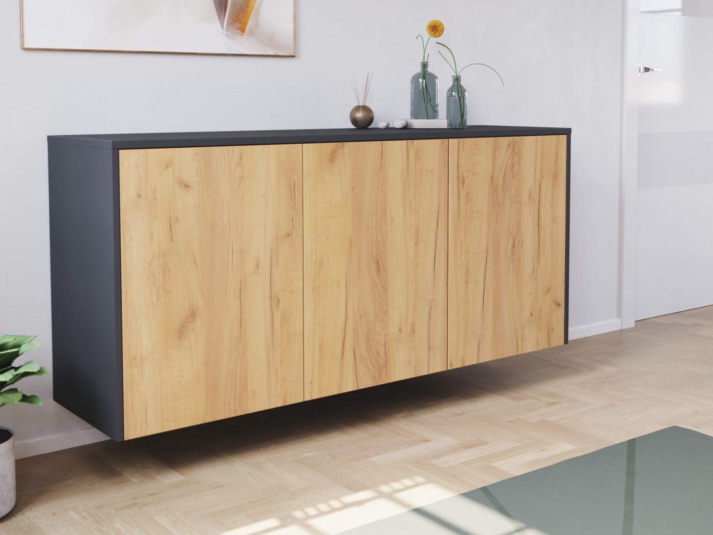 Magnolia Home Kommode Design Sideboard Kommode Genesis B hängend 150cm 3 Türen Grafit Eiche von Magnolia Home
