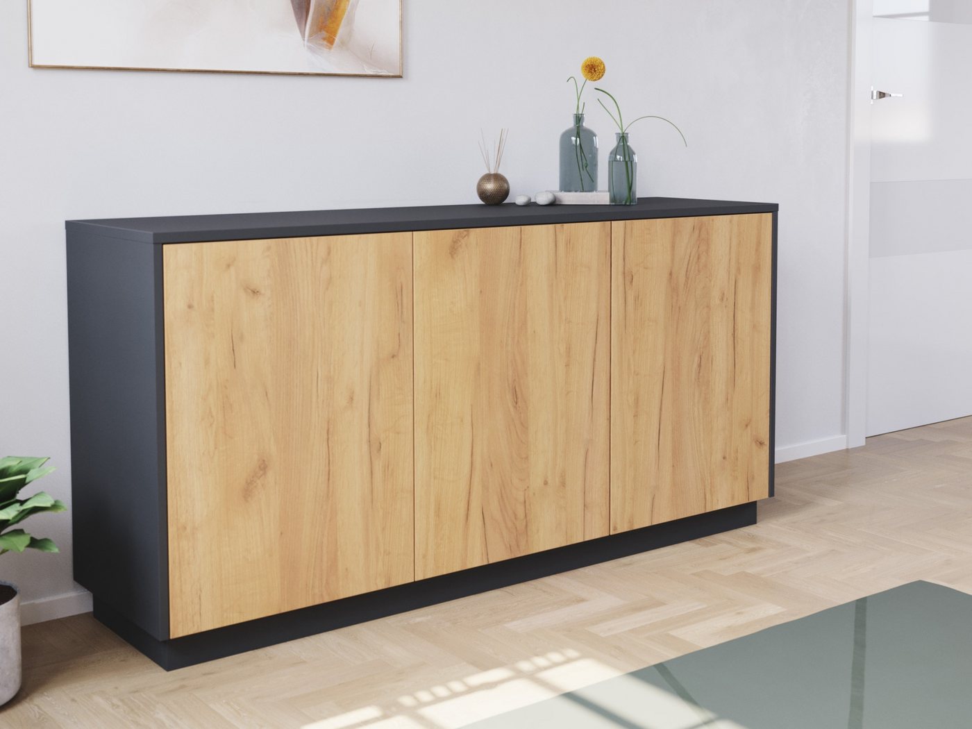 Magnolia Home Kommode Design Sideboard Kommode Genesis B stehend 150cm 3 Türen Grafit Eiche von Magnolia Home