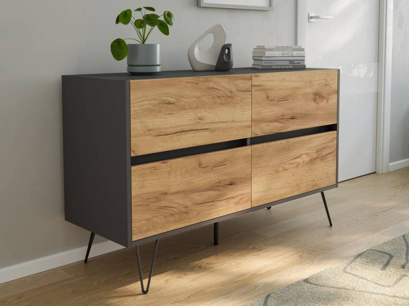 Magnolia Home Kommode Raumwunder Kommode Dion 120cm Greifraum 4 SoftClose Grafit/Eiche Front von Magnolia Home