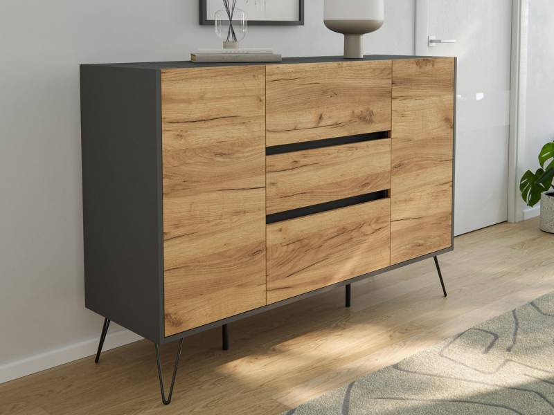 Magnolia Home Kommode Sideboard Kommode Daro 140cm Greifraum 3 SoftClose 2 Türen Grafit/Eich von Magnolia Home