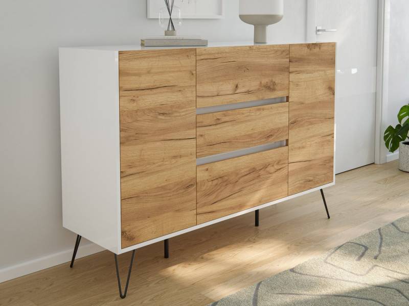 Magnolia Home Kommode Sideboard Kommode Daro 140cm Greifraum 3 SoftClose 2 Türen Weiß/Eiche von Magnolia Home