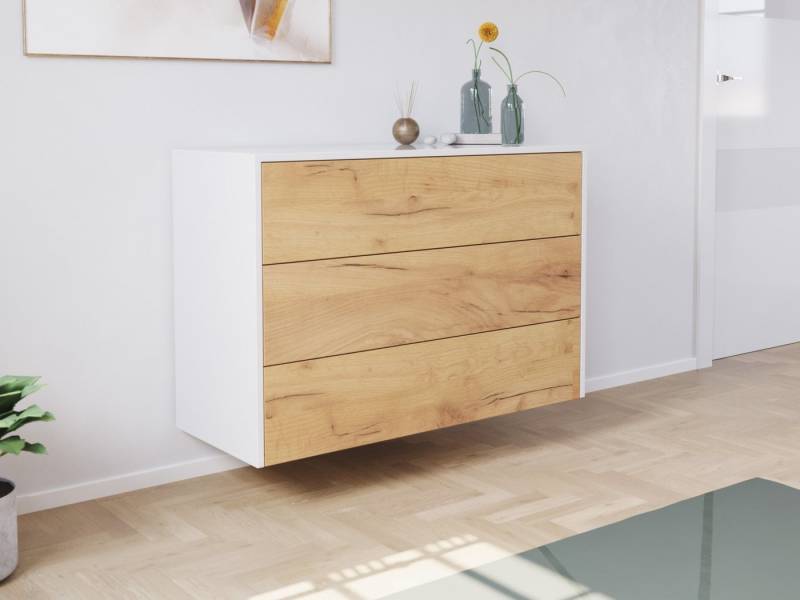 Magnolia Home Kommode Sideboard Kommode Hero B hängend 100cm 3 Pushauszüge Weiß Hgl Eiche von Magnolia Home