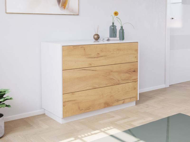 Magnolia Home Kommode Sideboard Kommode Hero B stehend 100cm 3 Pushauszüge Weiß Hgl Eiche von Magnolia Home