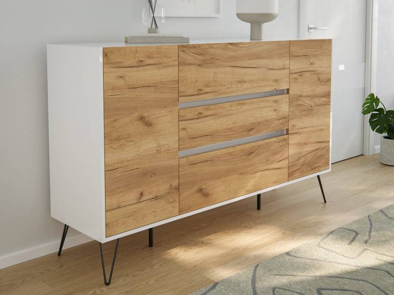 Magnolia Home Kommode Sideboard Yako XL 155cm 3 SoftClose 2 Türen Weiß/Eiche Front von Magnolia Home