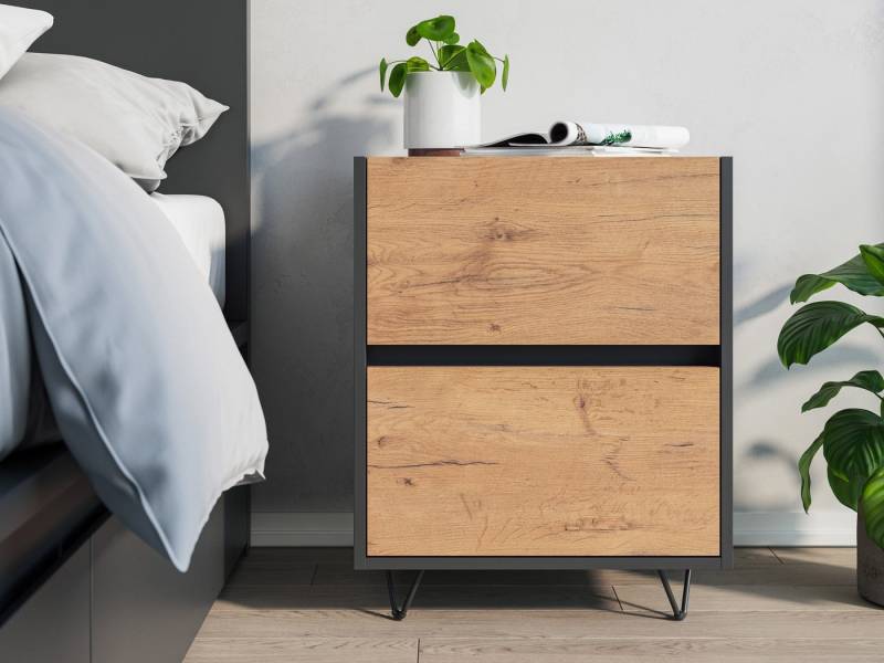 Magnolia Home Nachttisch Nachttisch Kommode You 50cm 2 SoftClose stehend Grafit & Eiche Front von Magnolia Home