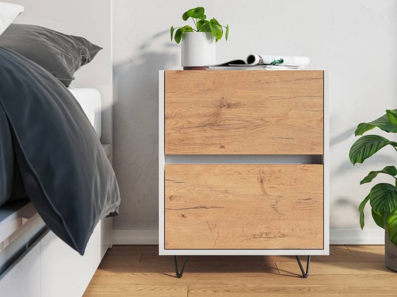 Magnolia Home Nachttisch Nachttisch Kommode You 50cm 2 SoftClose stehend Weiß & Eiche Front von Magnolia Home