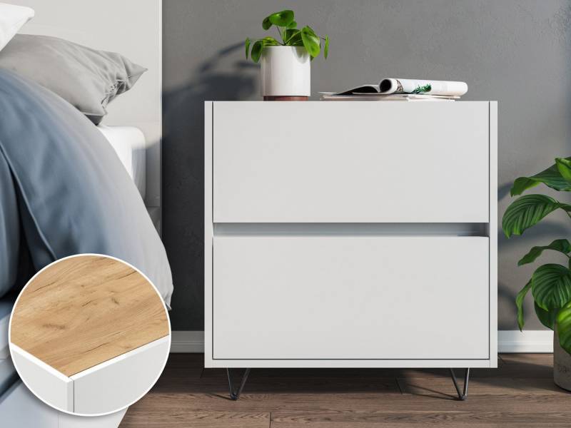 Magnolia Home Nachttisch Nachttisch Kommode You 60cm 2 SoftClose stehend Weiß & Eiche Top von Magnolia Home
