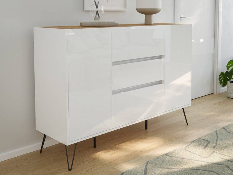 Magnolia Home Sideboard Design Sideboard Kommode Daro 140cm Greifraum 3 SoftClose 2 Türen Weiß von Magnolia Home