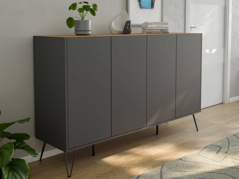 Magnolia Home Sideboard Design Sideboard Kommode Rana 155cm 4 Softclose Türen Grafit/Eiche Top von Magnolia Home