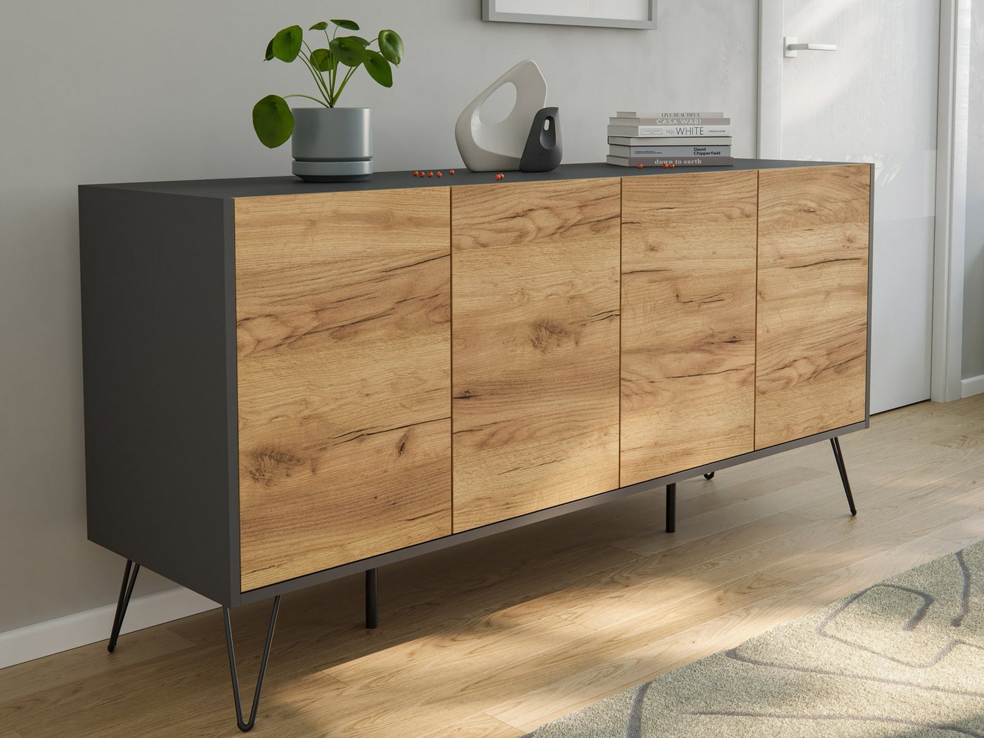 Magnolia Home Sideboard Kommode Maxim 155cm stehend 4 Türen Grafit/Eiche Front Magnolia Home Sideboard Kommode Maxim 155cm stehend 4 Türen Grafit/Eiche Front von Magnolia Home
