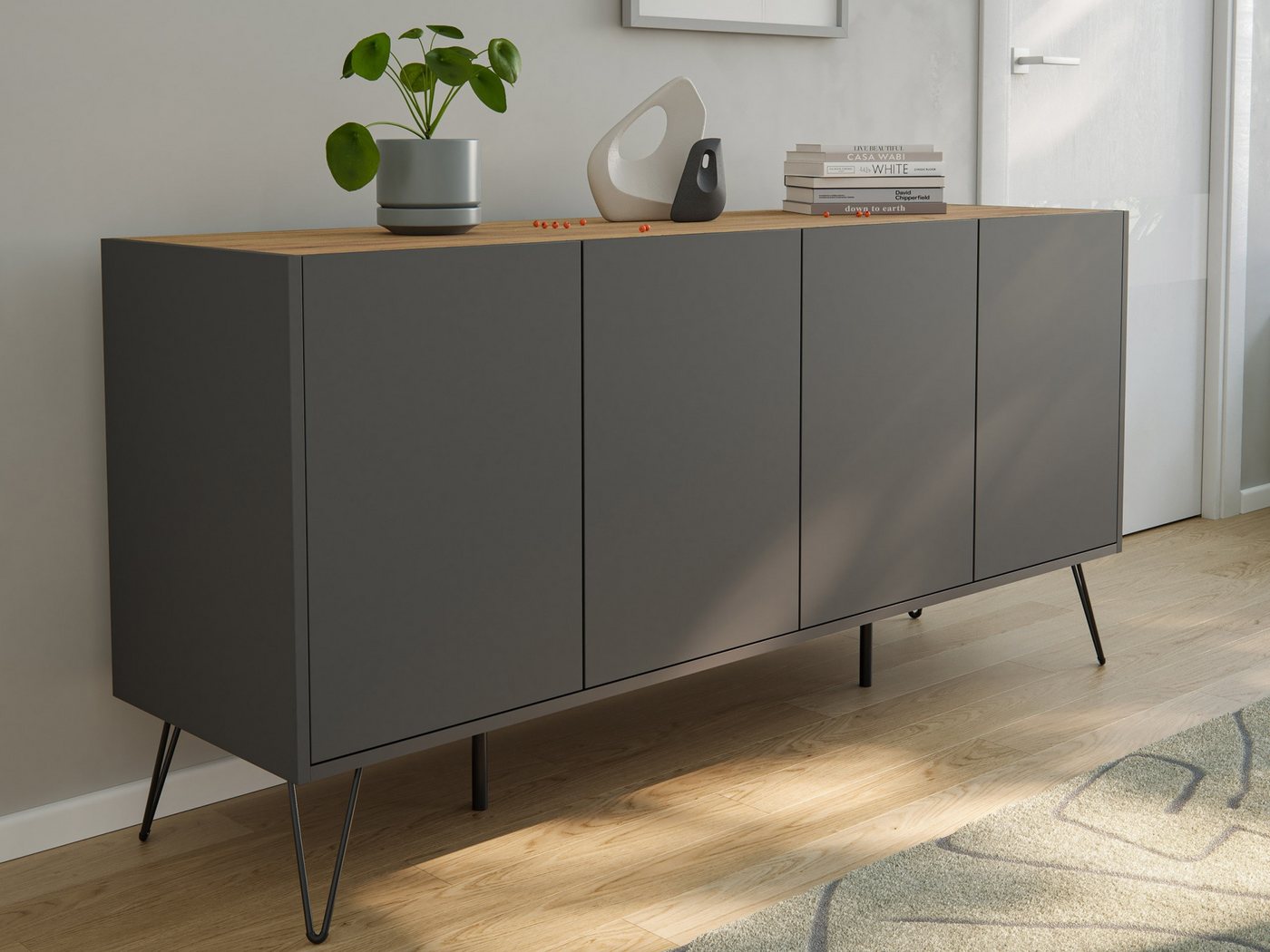Magnolia Home Sideboard Kommode Maxim 155cm stehend 4 Türen Grafit/Eiche Top Magnolia Home Sideboard Kommode Maxim 155cm stehend 4 Türen Grafit/Eiche Top von Magnolia Home