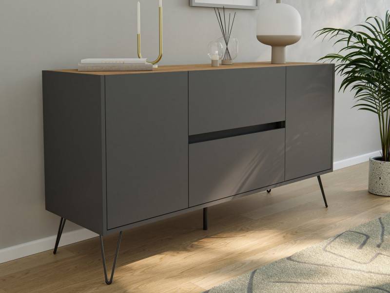 Magnolia Home Sideboard Raumwunder Sideboard Maya 140cm 2 Greif-SoftClose 2 Türen Grafit/Eiche von Magnolia Home