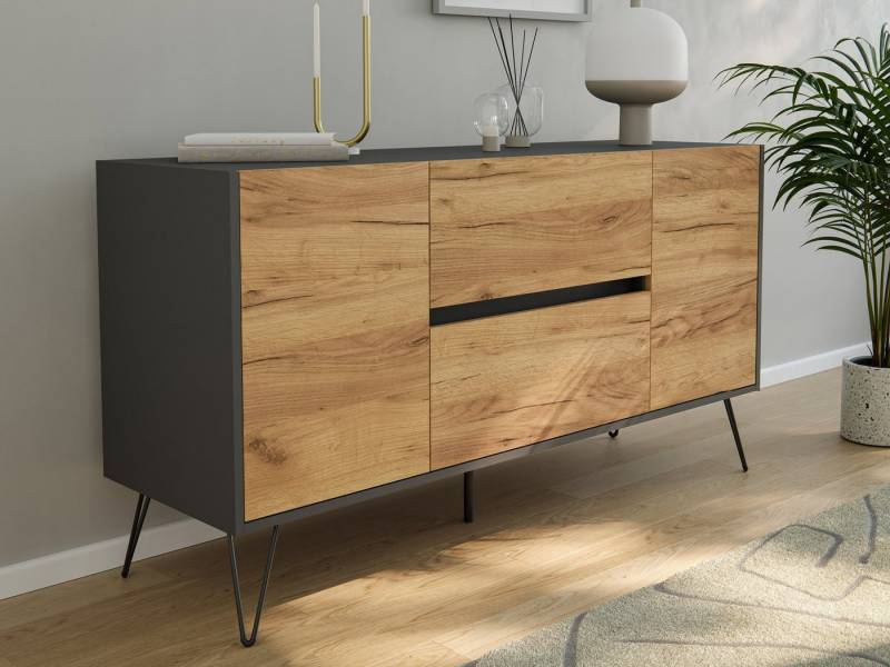 Magnolia Home Sideboard Raumwunder Sideboard Maya 140cm 2 Greif-SoftClose 2 Türen Grafit/Eiche von Magnolia Home