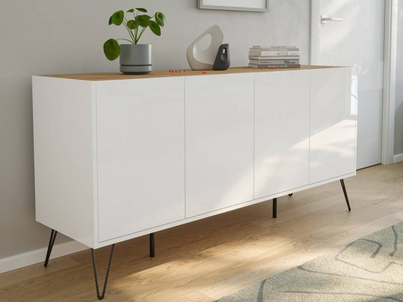 Magnolia Home Sideboard Raumwunder XL Sideboard Kommode Maxim 155cm stehend 4 Türen Weiß/Eiche von Magnolia Home