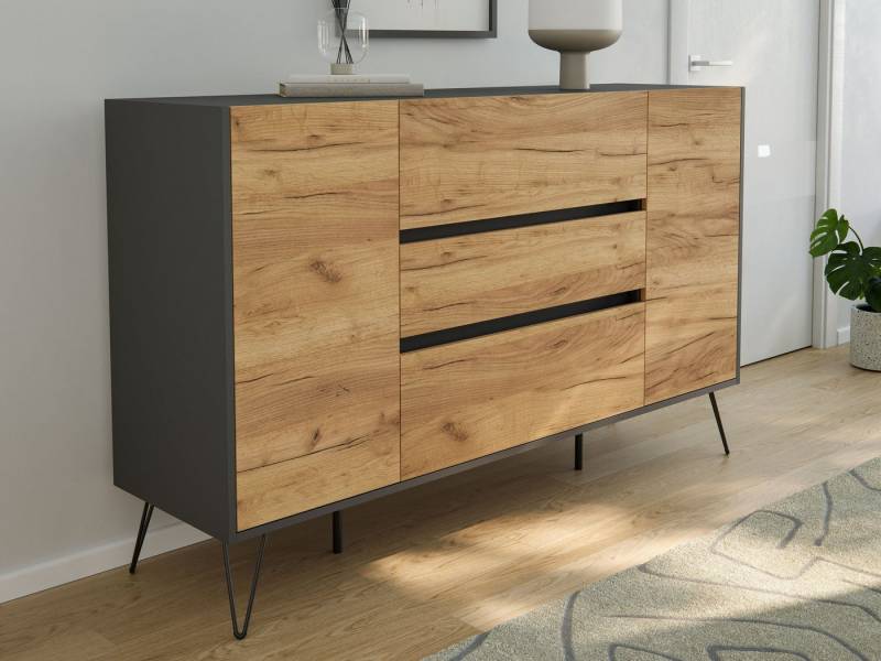 Magnolia Home Sideboard Sideboard Kommode Lovo 155cm Greifraum 3 SoftClose 2 Türen Grafit/Eich von Magnolia Home